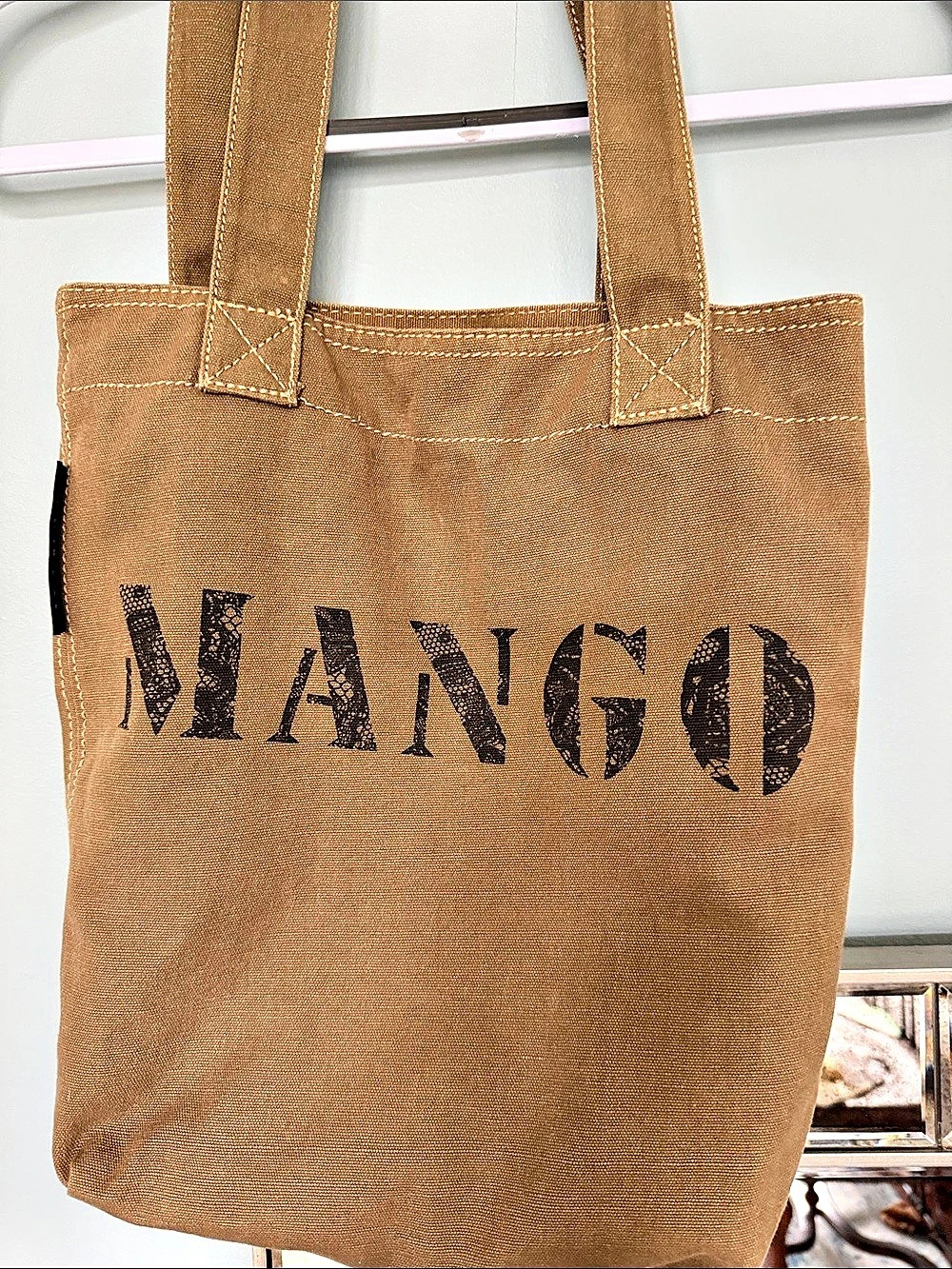 Mango Canvas Shopper Tote Logo Brown Like New